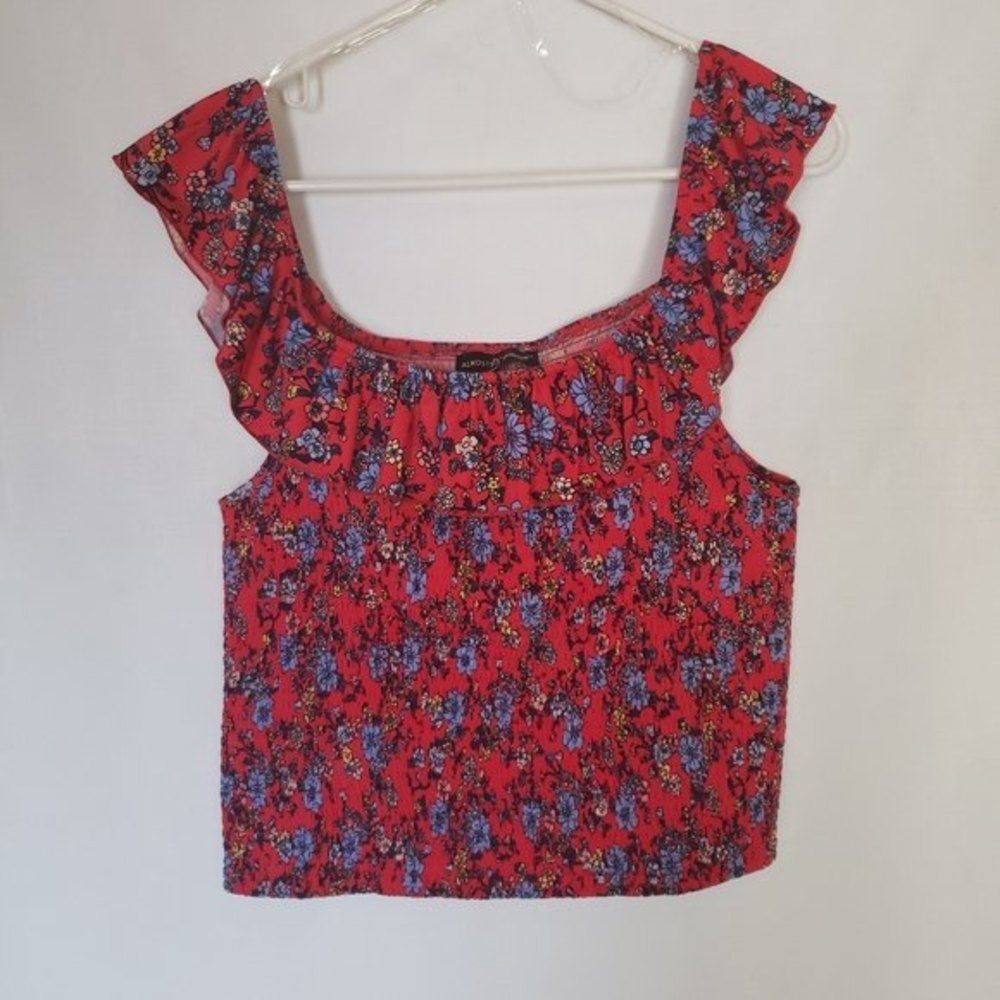 Almost Famous Red Floral Smocked Off Shoulder Crop Top Juniors XXL
